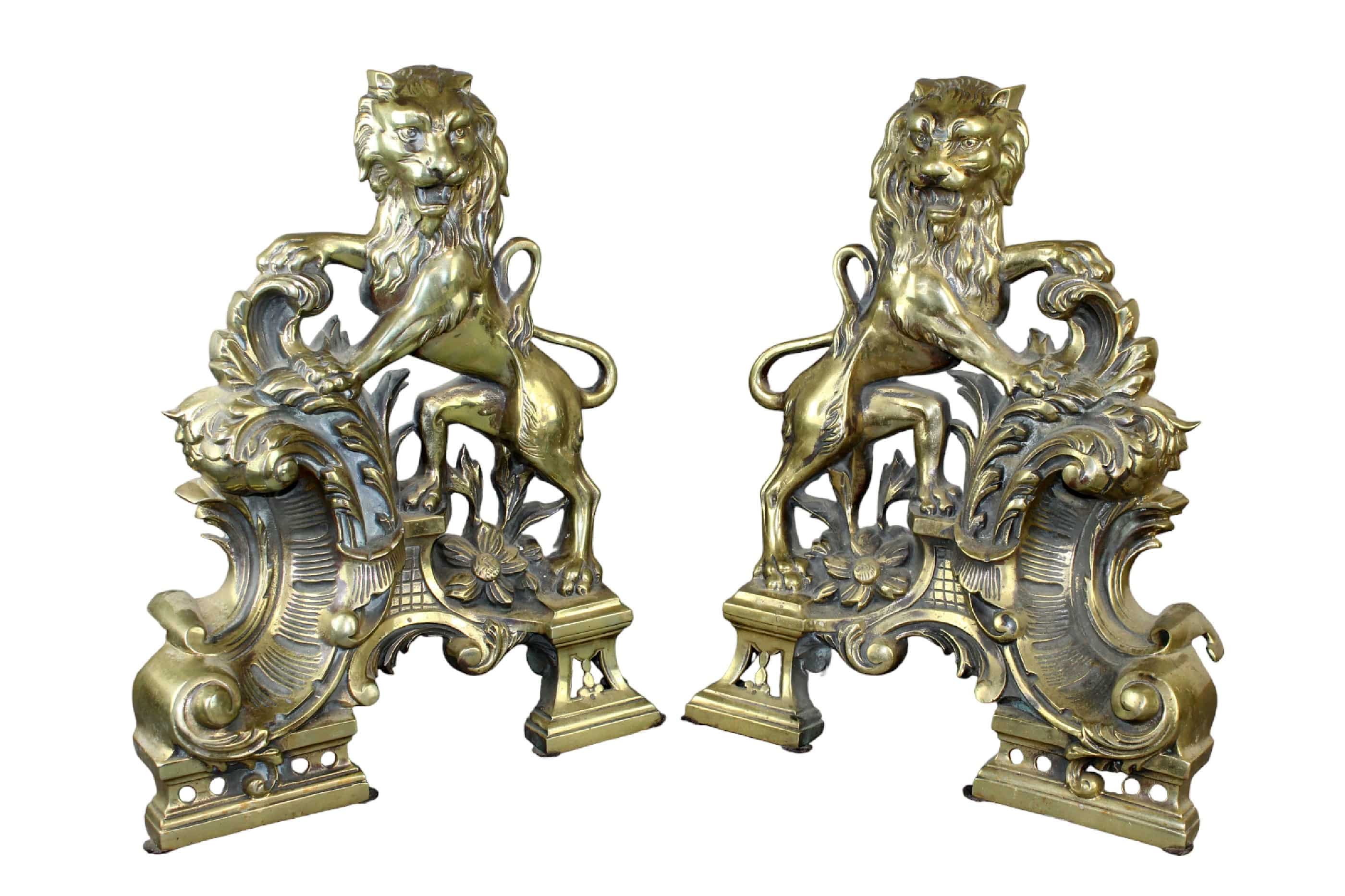 Pair of French bronze chenets wih lions