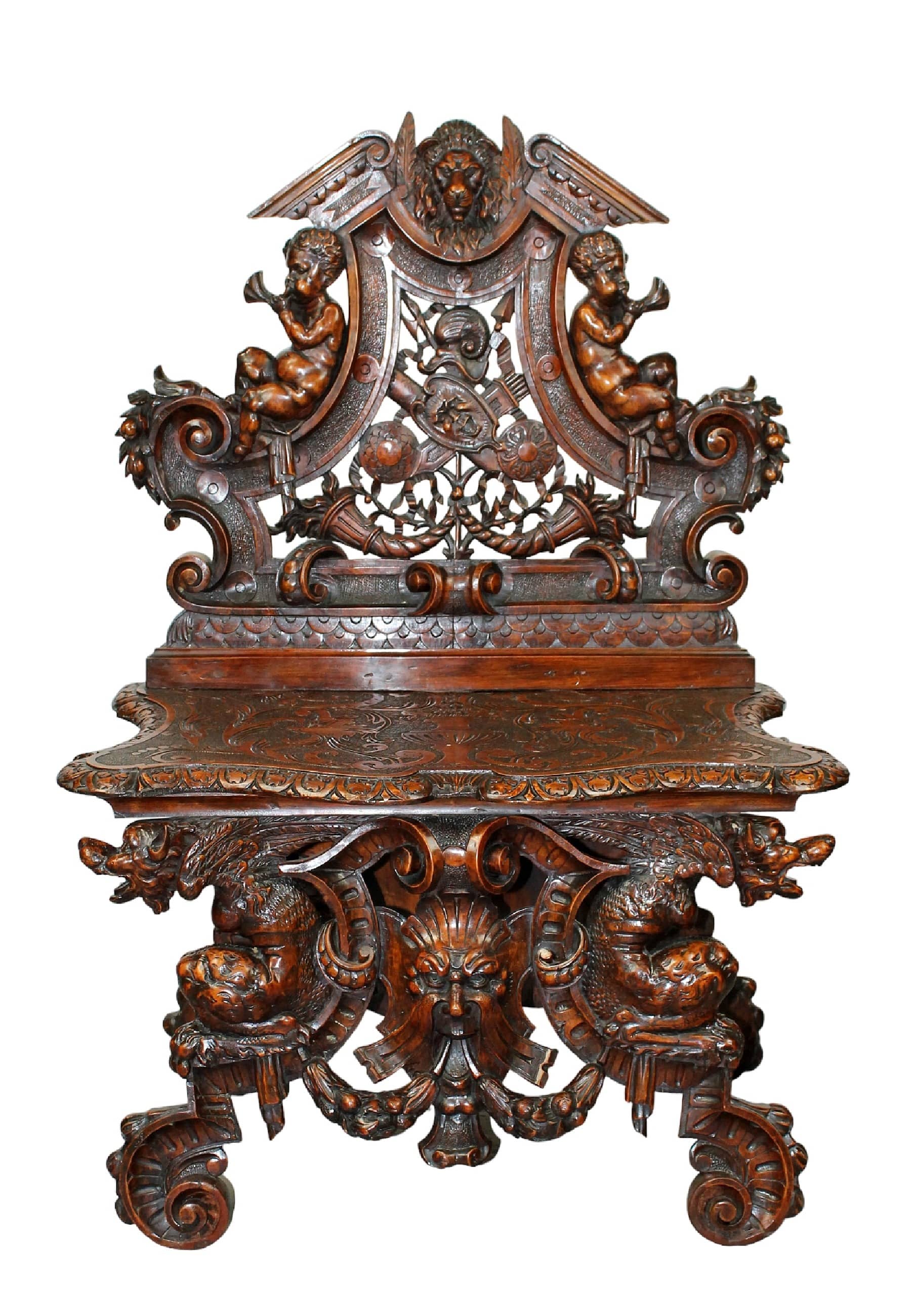 Italian Renaissance Revival carved walnut hall bench
