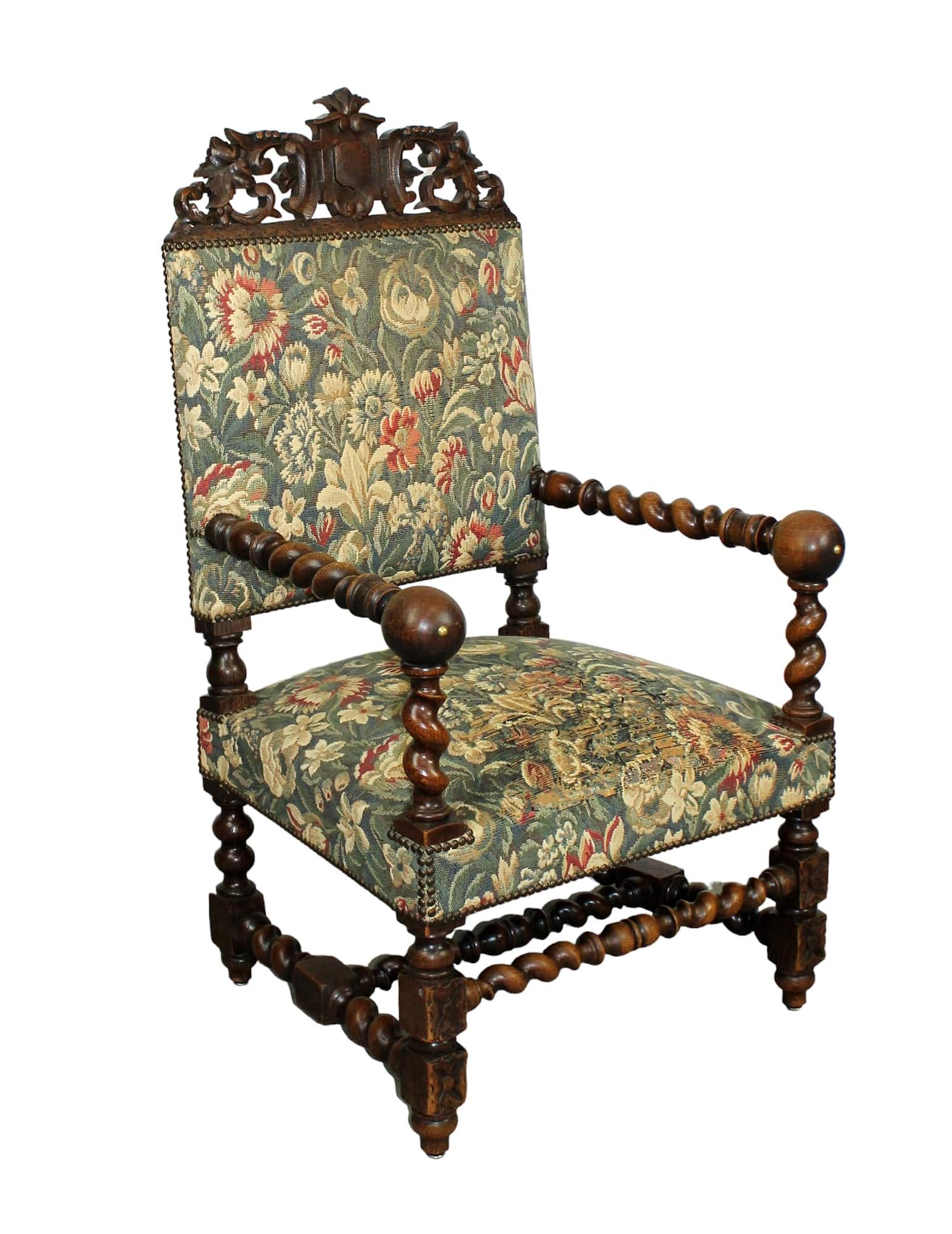 French Louis XIII carved oak armchair