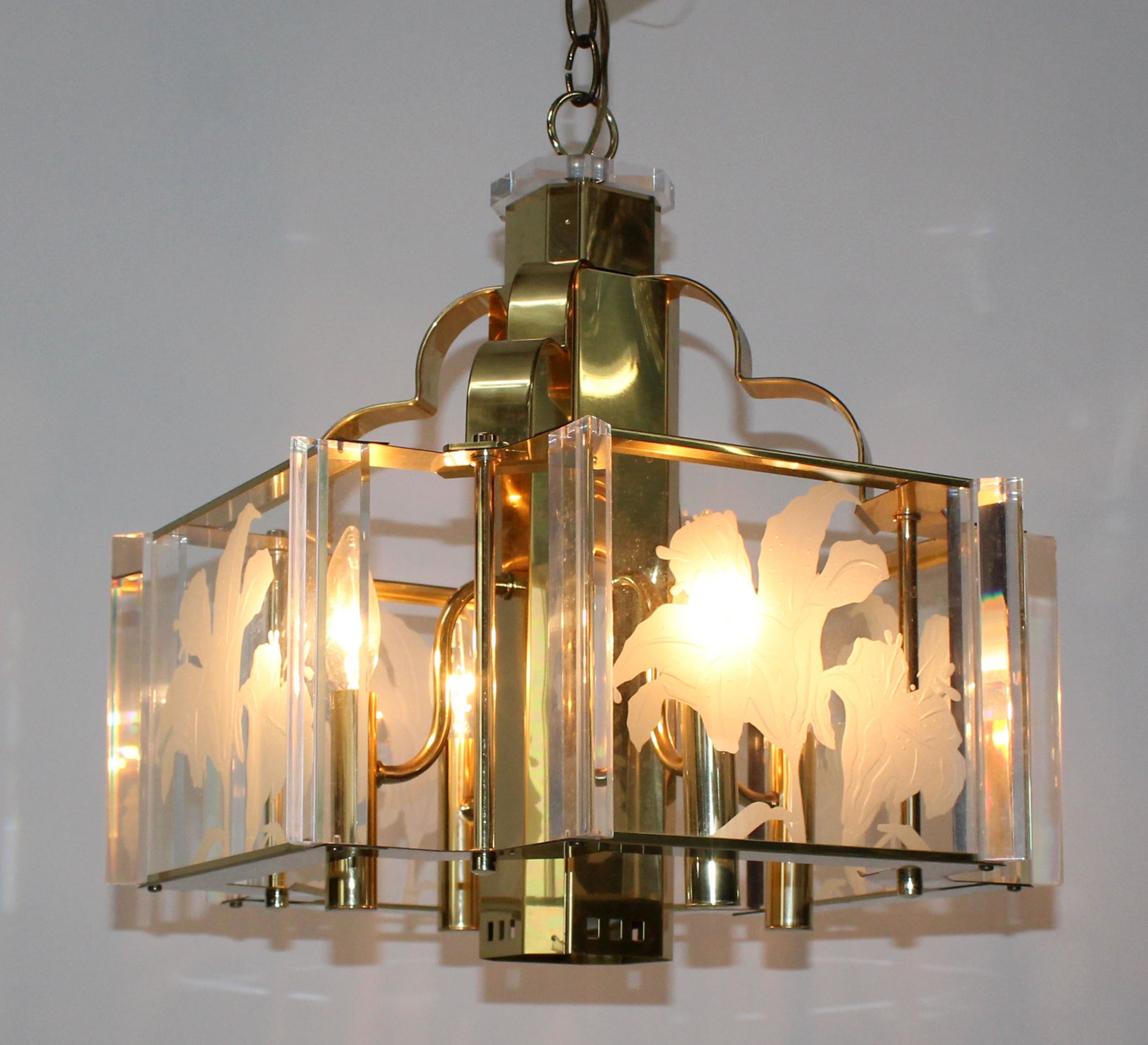 Fredrick Ramond brass and etched glass chandelier
