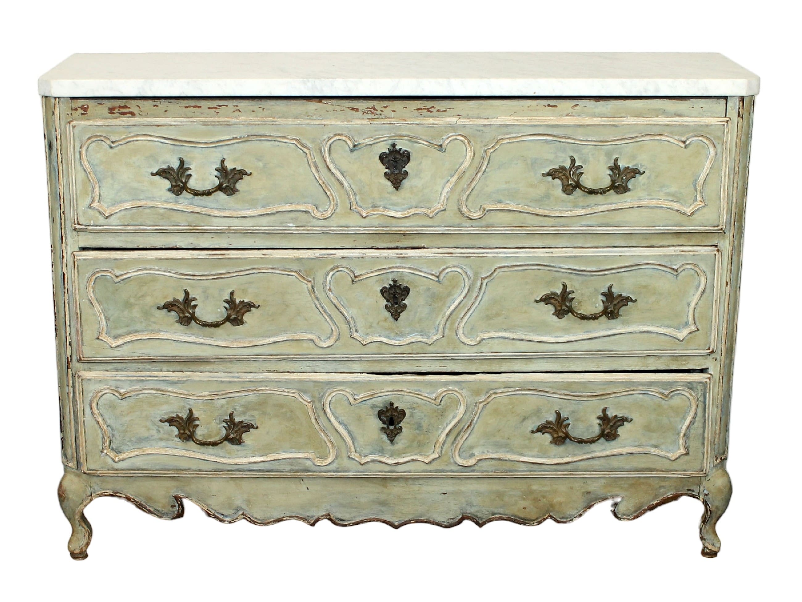 French Louis XV narrow 3 drawer commode with marble top