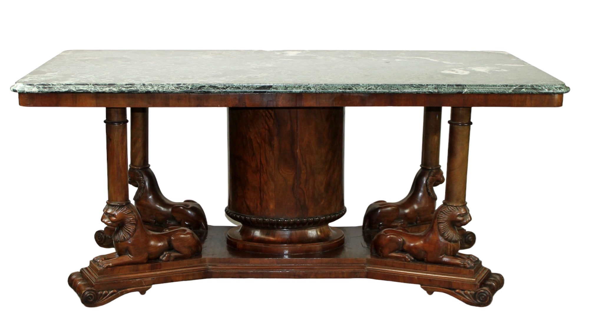 French Empire mabrle top library table with figural lion base