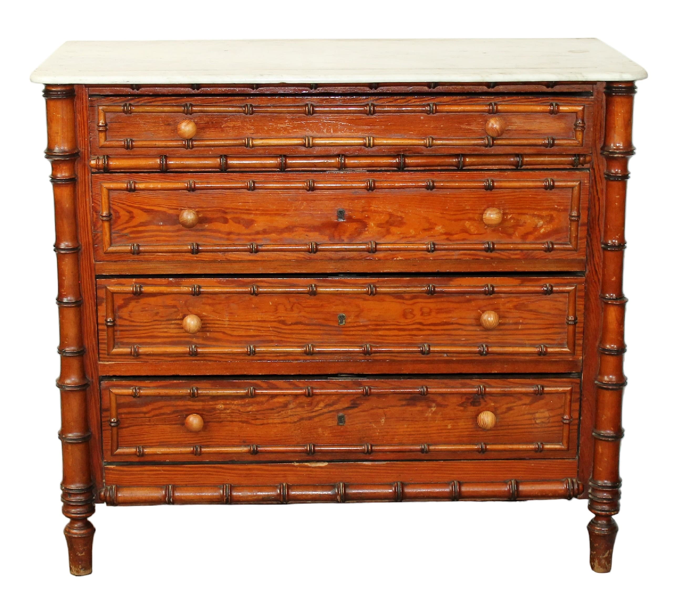 French faux bamboo pine commode with marble top
