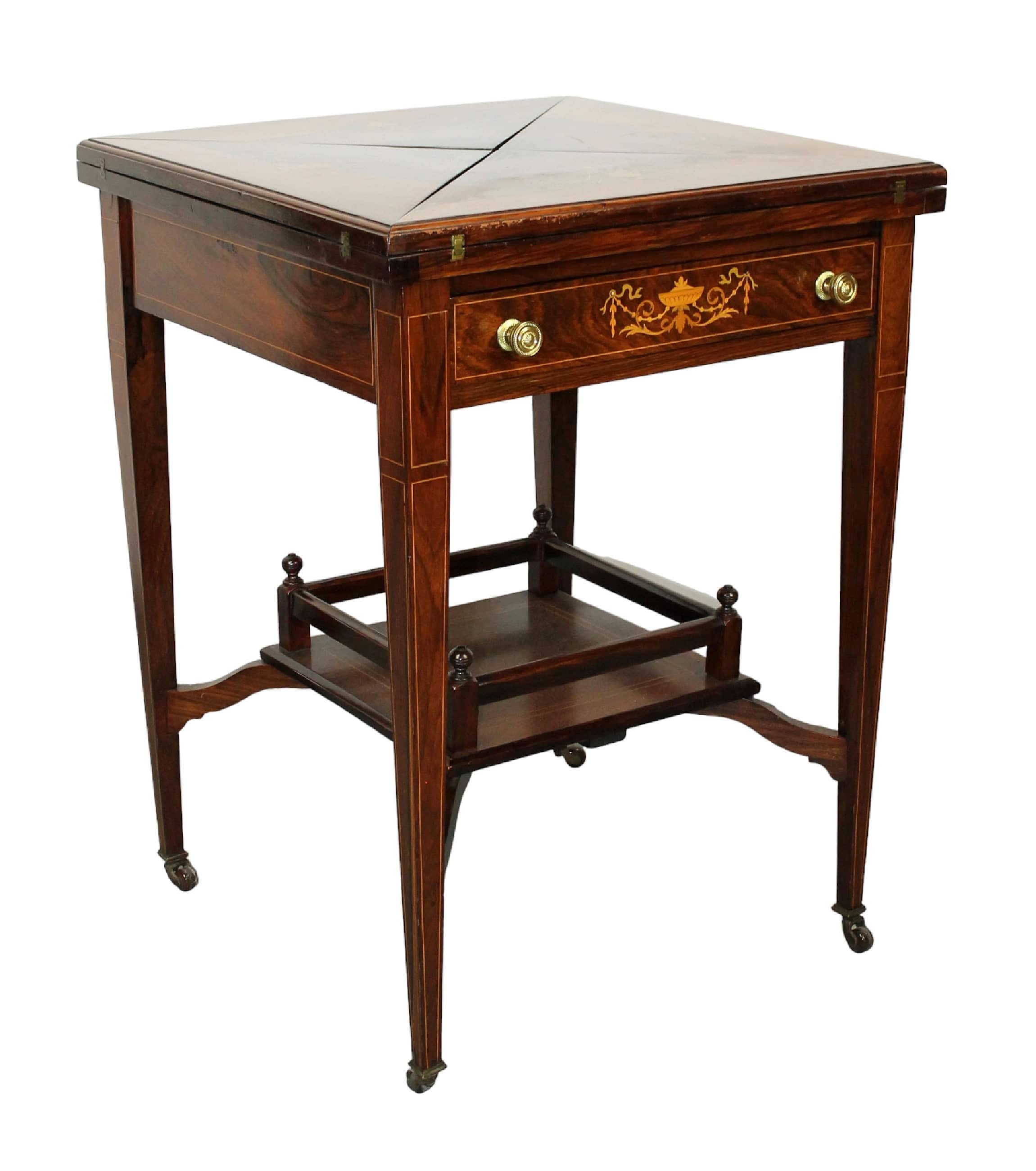 English Edwardian handkerchief game table with marquetry top