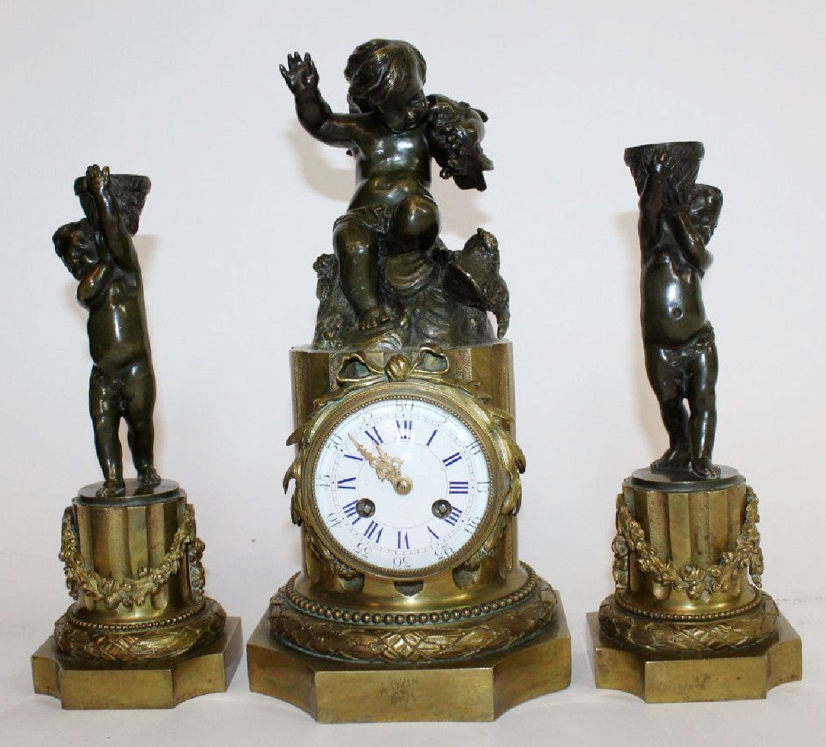 French Louis XVI 3pc bronze cherub clock set