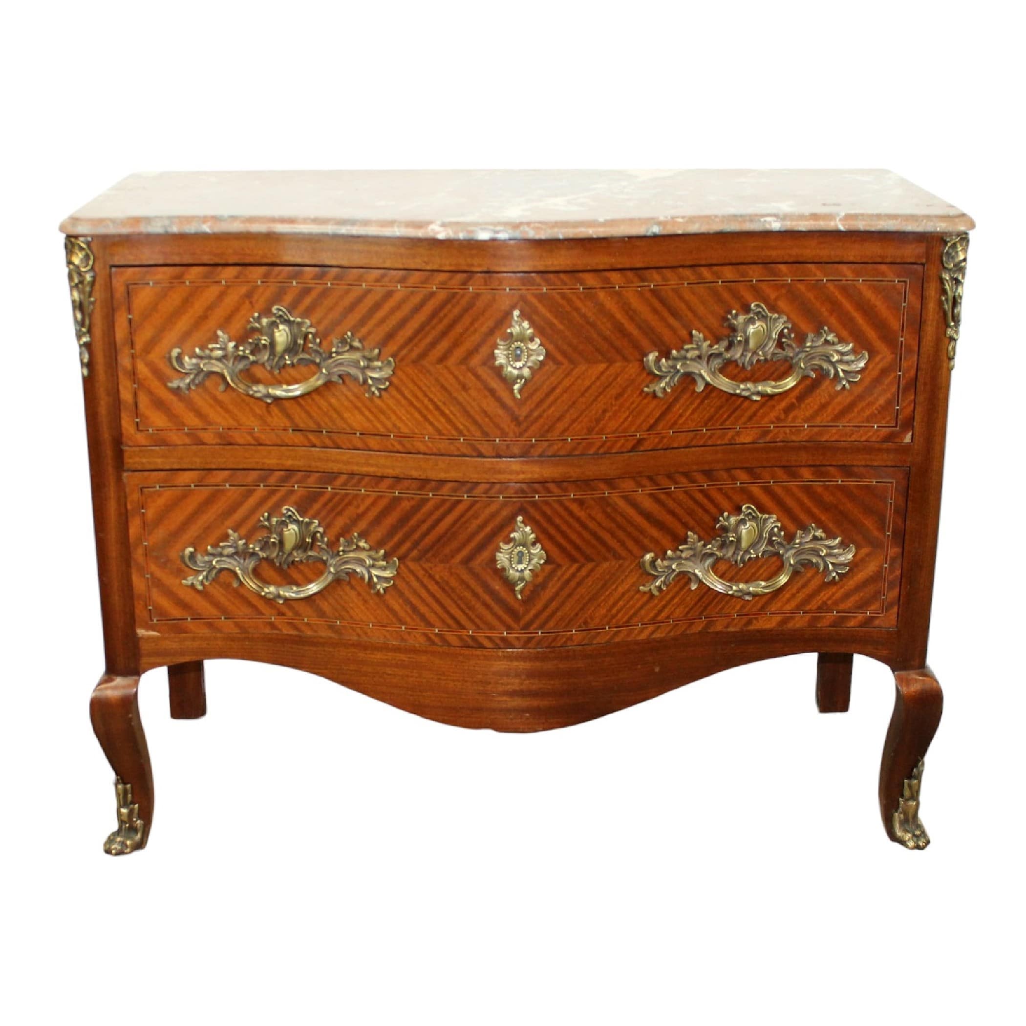 French Louis XV style 2 drawer marquetry commode with marble top