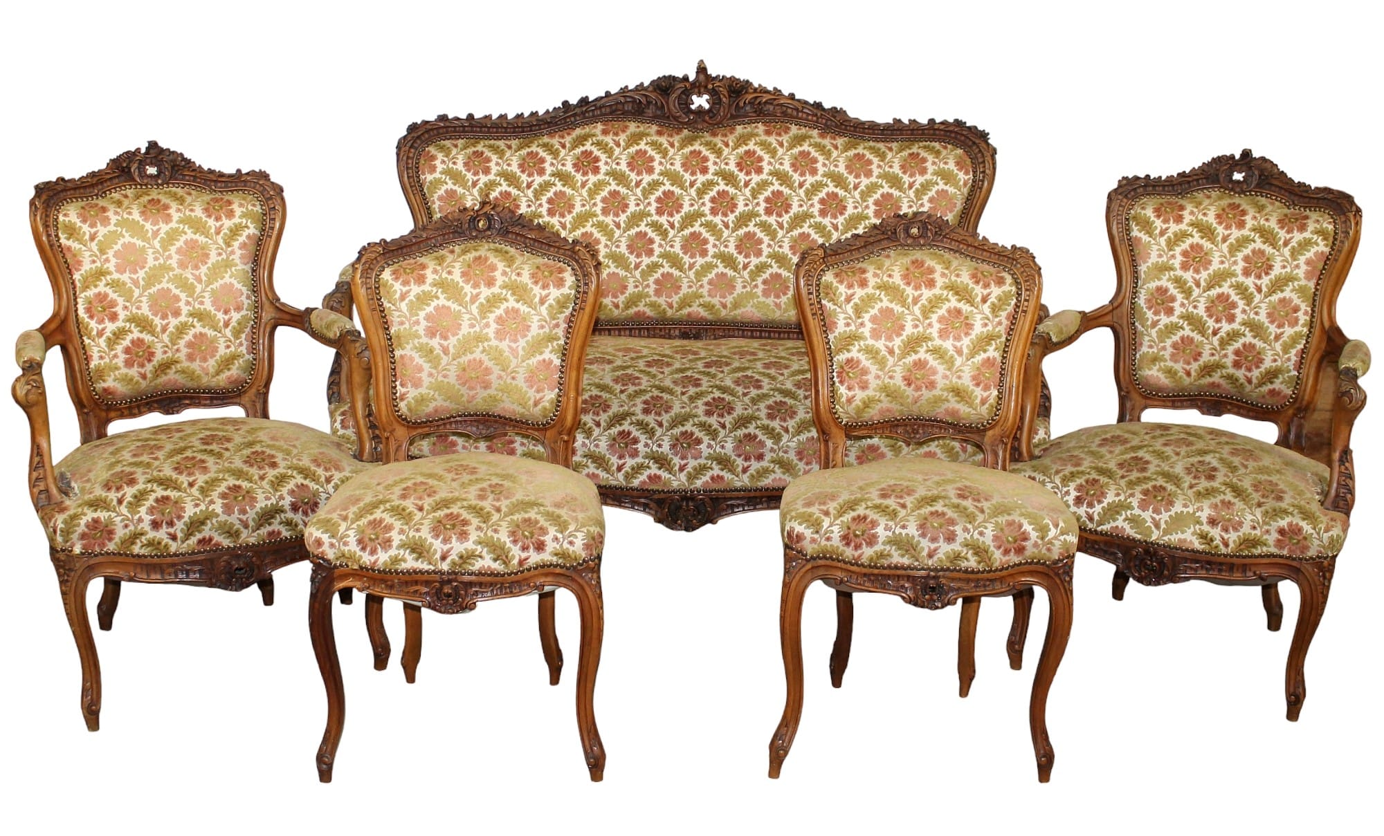 French Louis XV carved walnut 5 piece parlor set
