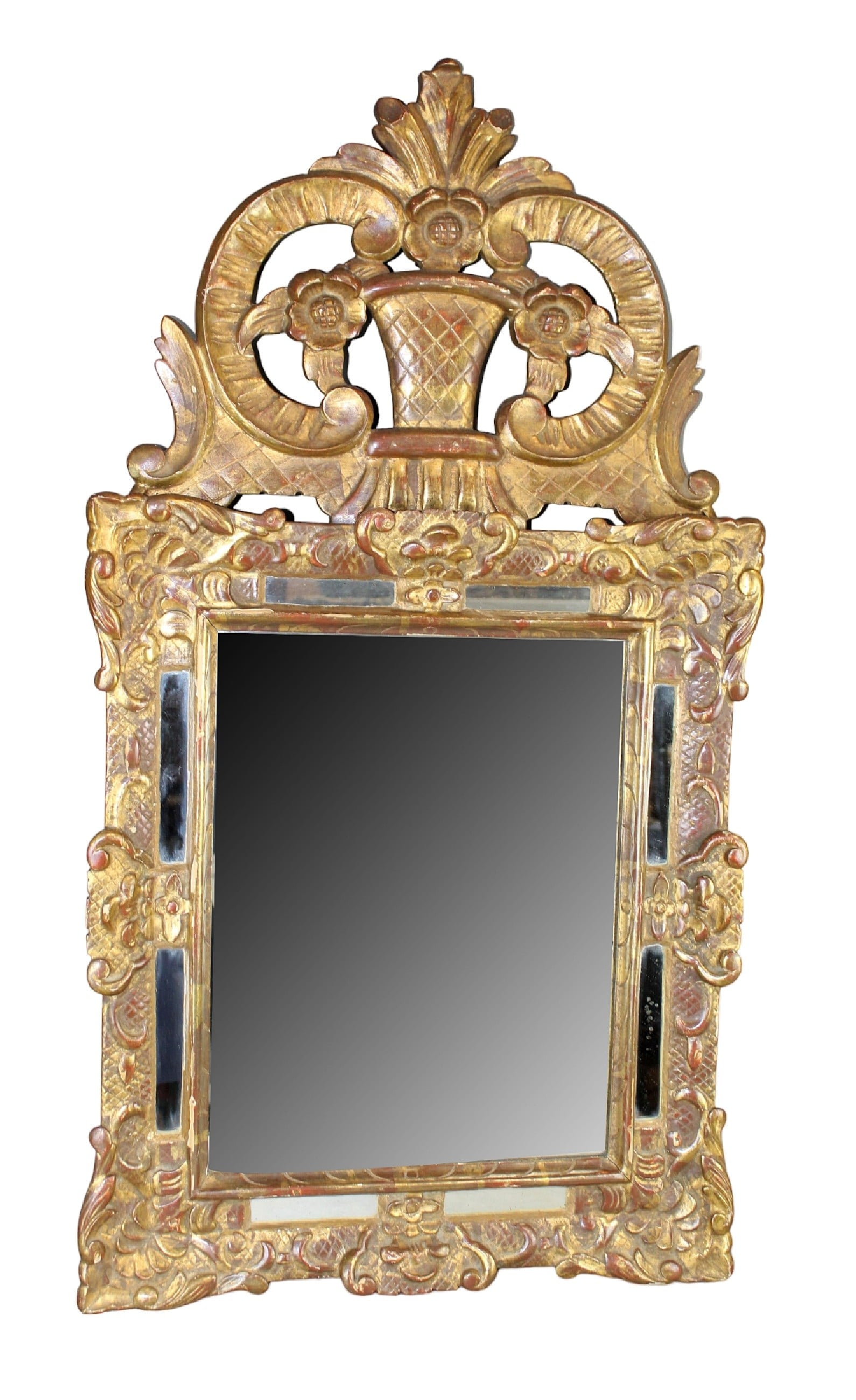 French Louis XIV style gold leaf mirror with flowering basket
