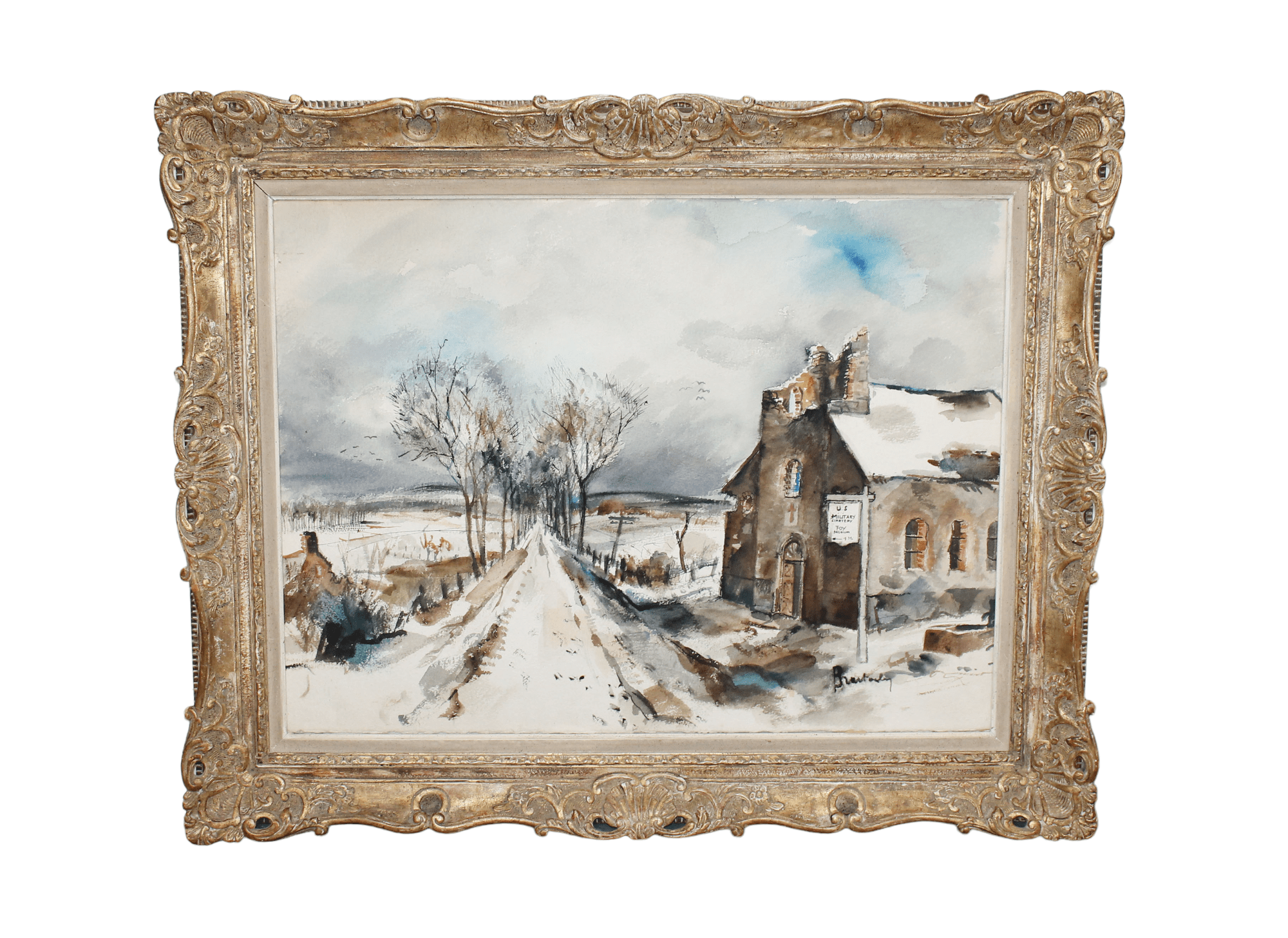 Antique Belgian watercolor on paper painting