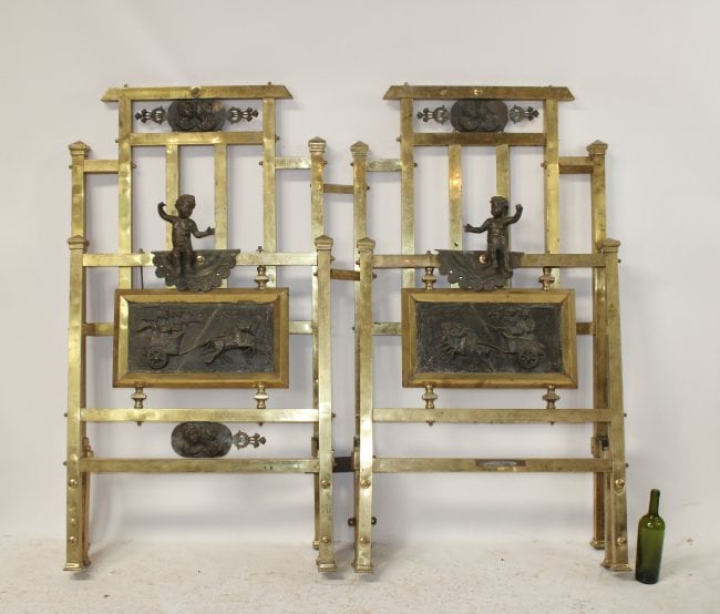 Antique Italian brass bed with embossed brass plaques with chariots and figural cherubs