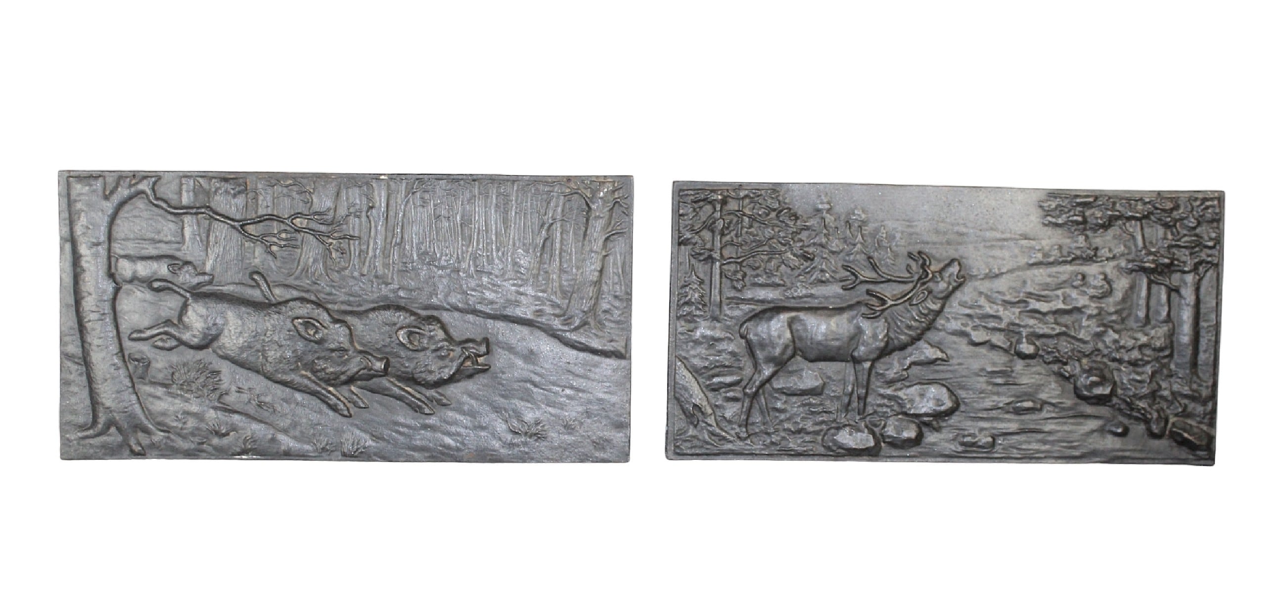 Pair of French cast iron relief hunt motif wall plaques