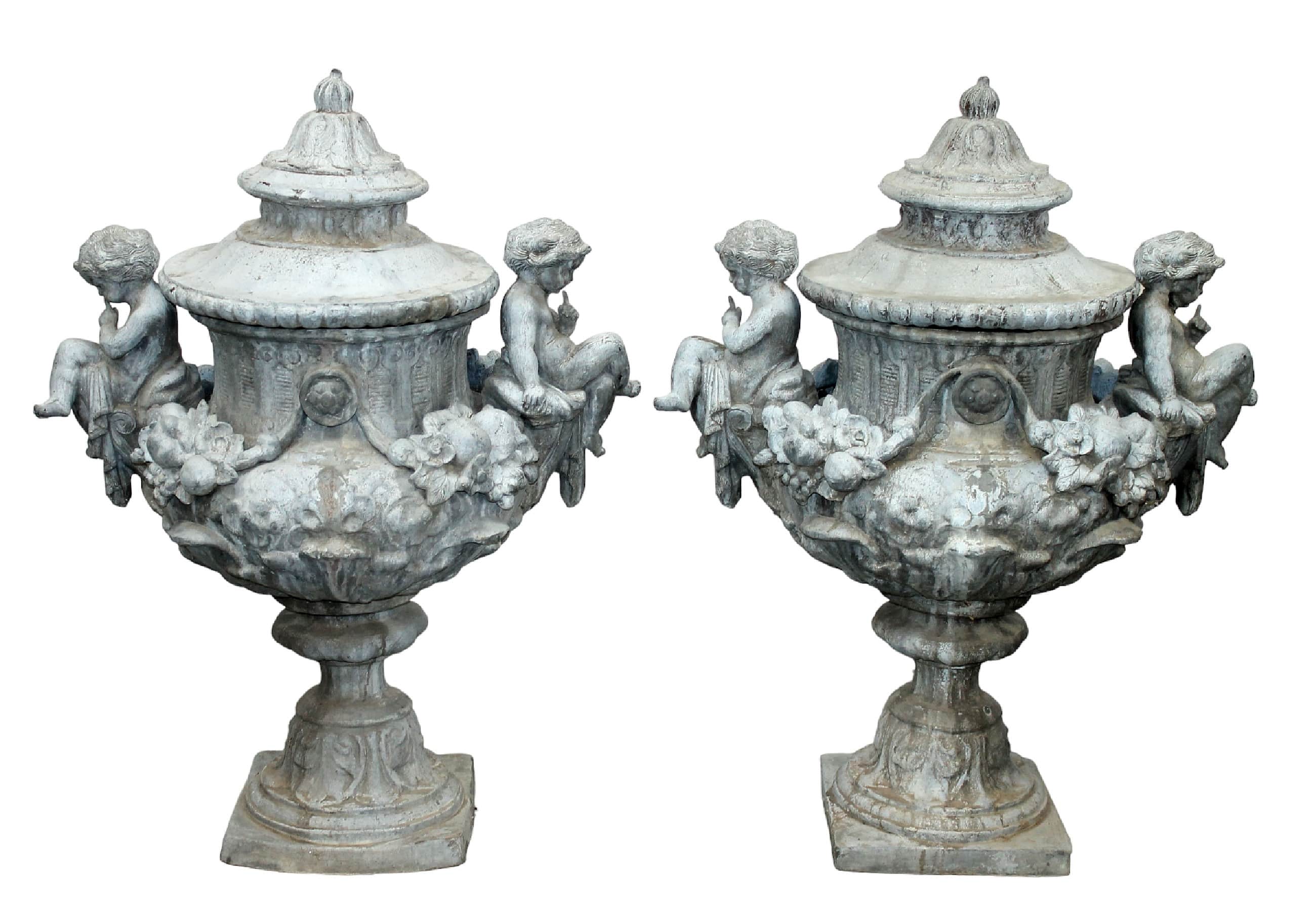 Pair of Antique English lead hush baby cherub urns